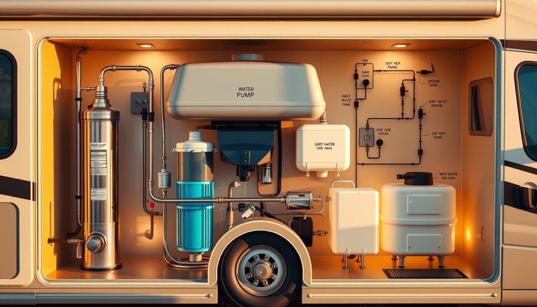 A detailed cutaway diagram of an RV's water system, showcasing the various components. In the foreground, a crisp, high-resolution rendering of the water pump, water heater, and water filter. In the middle ground, the fresh water tank, grey water tank, and black water tank, all connected by a network of hoses and pipes. In the background, a schematic view of the entire plumbing system, with labels identifying each part. Illuminated by warm, natural lighting that casts subtle shadows, creating depth and dimensionality. Shot from a slightly elevated angle to provide a comprehensive overview of the system's layout and functionality. A detailed cutaway diagram of an RV's water system, showcasing the various components. In the foreground, a crisp, high-resolution rendering of the water pump, water heater, and water filter. In the middle ground, the fresh water tank, grey water tank, and black water tank, all connected by a network of hoses and pipes. In the background, a schematic view of the entire plumbing system, with labels identifying each part. Illuminated by warm, natural lighting that casts subtle shadows, creating depth and dimensionality. Shot from a slightly elevated angle to provide a comprehensive overview of the system's layout and functionality.