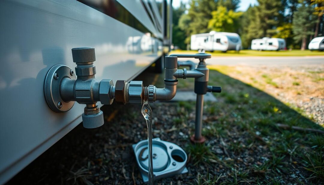A detailed, high-resolution image of an RV campground water hookup setup, depicting a close-up view of the water connection point with clear, focused lighting. The foreground shows the RV water inlet, hose, and a water pressure regulator. The middle ground features the campground water spigot and connections, with a small puddle of water visible on the ground. The background showcases the typical campground environment, including grassy areas, trees, and other RVs in the distance. The overall scene conveys a sense of safety and attention to detail when hooking up an RV to a campground water supply. A detailed, high-resolution image of an RV campground water hookup setup, depicting a close-up view of the water connection point with clear, focused lighting. The foreground shows the RV water inlet, hose, and a water pressure regulator. The middle ground features the campground water spigot and connections, with a small puddle of water visible on the ground. The background showcases the typical campground environment, including grassy areas, trees, and other RVs in the distance. The overall scene conveys a sense of safety and attention to detail when hooking up an RV to a campground water supply.