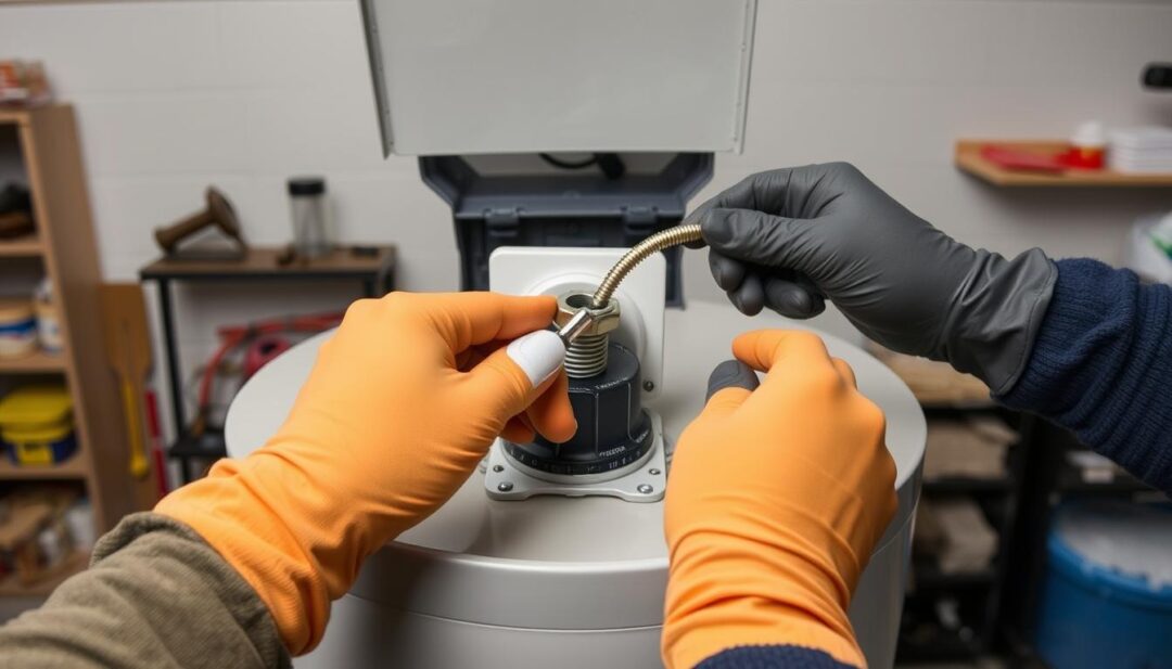 A detailed step-by-step process of an anode rod replacement in a residential water heater. The image shows a well-lit, close-up view of the water heater tank with the access panel open, exposing the anode rod. A pair of gloved hands carefully unscrewing the anode rod from its threaded socket. The background is a clean, minimalist workshop setting with shelves of tools and supplies. The overall mood is one of instructional clarity, showcasing the technical aspects of the replacement procedure in a visually engaging manner. A detailed step-by-step process of an anode rod replacement in a residential water heater. The image shows a well-lit, close-up view of the water heater tank with the access panel open, exposing the anode rod. A pair of gloved hands carefully unscrewing the anode rod from its threaded socket. The background is a clean, minimalist workshop setting with shelves of tools and supplies. The overall mood is one of instructional clarity, showcasing the technical aspects of the replacement procedure in a visually engaging manner.