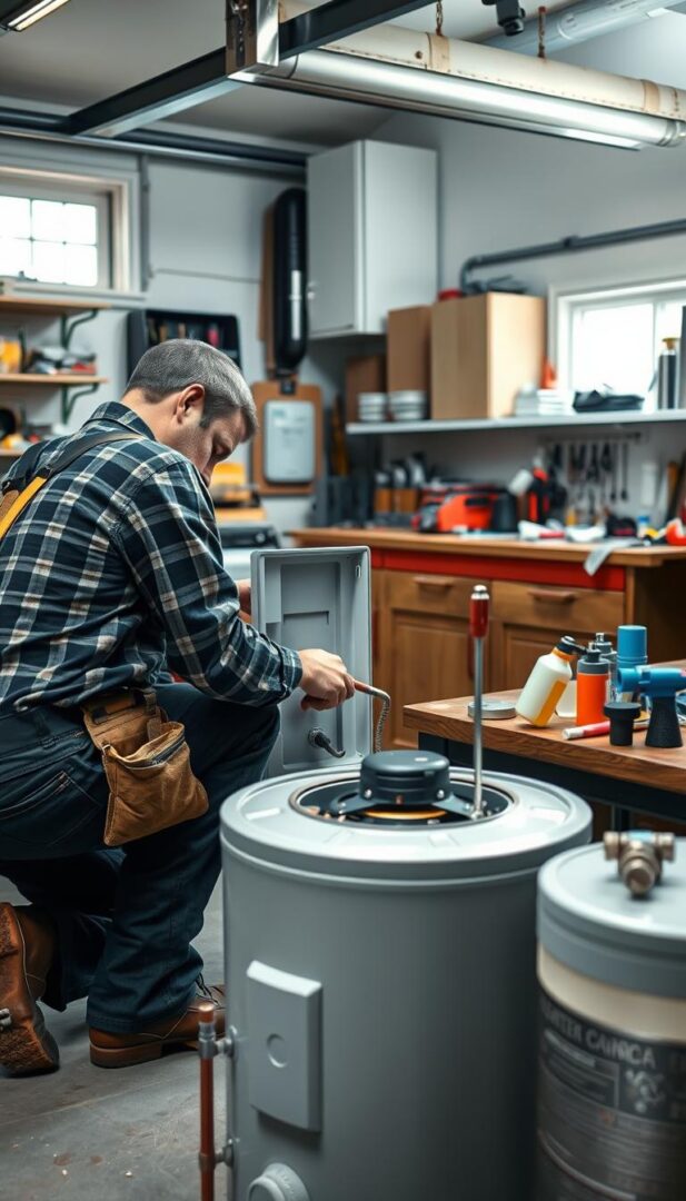 A detailed, well-lit workshop scene showcasing the maintenance of a water heater. In the foreground, a plumber wearing a tool belt crouches next to an open water heater, inspecting the components. The middle ground features a workbench with various plumbing tools and supplies. The background depicts the interior of a well-organized garage or utility room, with shelves, cabinets, and a window letting in natural light. The overall atmosphere is one of professionalism and attention to detail, conveying the importance of proper water heater maintenance. A detailed, well-lit workshop scene showcasing the maintenance of a water heater. In the foreground, a plumber wearing a tool belt crouches next to an open water heater, inspecting the components. The middle ground features a workbench with various plumbing tools and supplies. The background depicts the interior of a well-organized garage or utility room, with shelves, cabinets, and a window letting in natural light. The overall atmosphere is one of professionalism and attention to detail, conveying the importance of proper water heater maintenance.