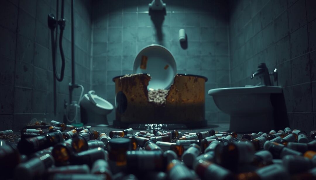 A dimly lit bathroom interior, the focal point being a malfunctioning septic tank, overflowing with a murky, toxic sludge. In the foreground, bottles of discarded medications and pharmaceuticals litter the floor, a stark visual representation of the environmental hazards posed by improper disposal. The middle ground showcases the damaged septic tank, its fractured lid exposing the unsanitary contents. The background is hazy, with a sense of unease and a muted color palette, emphasizing the gravity of the situation. The lighting is subdued, casting eerie shadows and highlighting the severity of the issue. The overall scene conveys a sense of neglect and the urgent need for proper septic tank maintenance and responsible disposal of hazardous household items. A dimly lit bathroom interior, the focal point being a malfunctioning septic tank, overflowing with a murky, toxic sludge. In the foreground, bottles of discarded medications and pharmaceuticals litter the floor, a stark visual representation of the environmental hazards posed by improper disposal. The middle ground showcases the damaged septic tank, its fractured lid exposing the unsanitary contents. The background is hazy, with a sense of unease and a muted color palette, emphasizing the gravity of the situation. The lighting is subdued, casting eerie shadows and highlighting the severity of the issue. The overall scene conveys a sense of neglect and the urgent need for proper septic tank maintenance and responsible disposal of hazardous household items.