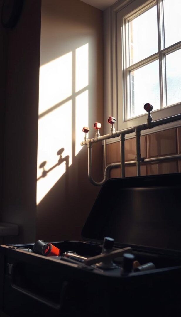 A dimly lit kitchen interior, with sunlight filtering through a window, illuminating a set of pipes running along the wall. The pipes are fitted with small whistling devices, creating a harmonious symphony of high-pitched tones. In the foreground, a plumber's toolbox sits open, hinting at the recent maintenance work. The scene conveys a sense of technical expertise and problem-solving, capturing the essence of a "whistling pipes solution" for a water system issue. A dimly lit kitchen interior, with sunlight filtering through a window, illuminating a set of pipes running along the wall. The pipes are fitted with small whistling devices, creating a harmonious symphony of high-pitched tones. In the foreground, a plumber's toolbox sits open, hinting at the recent maintenance work. The scene conveys a sense of technical expertise and problem-solving, capturing the essence of a "whistling pipes solution" for a water system issue.