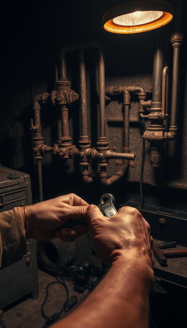 A dimly lit workshop with a rusty, old water system. In the foreground, a pair of weathered hands gripping a wrench, attempting to fix the source of the loud, erratic banging and hammering noises. The middle ground reveals the intricate plumbing, with exposed pipes and valves, all covered in grime and mineral deposits. In the background, a toolbox and other repair equipment sit on a workbench, casting long shadows from the soft, warm lighting overhead. The atmosphere is one of focused determination, as the mechanic works to resolve the persistent water system issues. A dimly lit workshop with a rusty, old water system. In the foreground, a pair of weathered hands gripping a wrench, attempting to fix the source of the loud, erratic banging and hammering noises. The middle ground reveals the intricate plumbing, with exposed pipes and valves, all covered in grime and mineral deposits. In the background, a toolbox and other repair equipment sit on a workbench, casting long shadows from the soft, warm lighting overhead. The atmosphere is one of focused determination, as the mechanic works to resolve the persistent water system issues.
