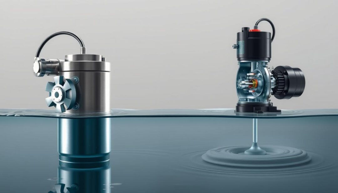 A head-to-head visual comparison of a submersible water pump and a jet pump, showcased in a meticulously detailed technical illustration. The submersible pump is depicted in the foreground, its robust stainless steel construction and impeller design highlighted by dramatic lighting and reflections in the water. The jet pump stands in the middle ground, its compact form and intricate internal components visible through a cutaway view. The background features a neutral gray gradient, allowing the pumps to take center stage and emphasize their functional differences. The overall mood is one of clinical precision, inviting the viewer to closely examine the engineering and operational principles that distinguish these two pump technologies. A head-to-head visual comparison of a submersible water pump and a jet pump, showcased in a meticulously detailed technical illustration. The submersible pump is depicted in the foreground, its robust stainless steel construction and impeller design highlighted by dramatic lighting and reflections in the water. The jet pump stands in the middle ground, its compact form and intricate internal components visible through a cutaway view. The background features a neutral gray gradient, allowing the pumps to take center stage and emphasize their functional differences. The overall mood is one of clinical precision, inviting the viewer to closely examine the engineering and operational principles that distinguish these two pump technologies.