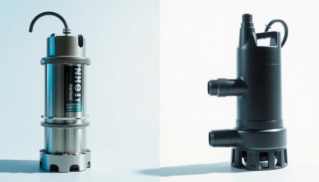 A high-contrast side-by-side comparison of a rugged submersible pump and a compact sump pump, set against a neutral background with clean lines and minimal distractions. The submersible pump should appear sturdy and industrial, with a metallic finish and intricate plumbing connections. The sump pump should have a sleek, modern design with clean edges and a matte black or grey color scheme. Bright, directional lighting should cast sharp shadows, emphasizing the distinct shapes and sizes of the two pumps. The overall mood should convey a sense of technical precision and functional efficiency, inviting the viewer to carefully consider the cost, performance, and practical differences between these two essential water management solutions. A high-contrast side-by-side comparison of a rugged submersible pump and a compact sump pump, set against a neutral background with clean lines and minimal distractions. The submersible pump should appear sturdy and industrial, with a metallic finish and intricate plumbing connections. The sump pump should have a sleek, modern design with clean edges and a matte black or grey color scheme. Bright, directional lighting should cast sharp shadows, emphasizing the distinct shapes and sizes of the two pumps. The overall mood should convey a sense of technical precision and functional efficiency, inviting the viewer to carefully consider the cost, performance, and practical differences between these two essential water management solutions.