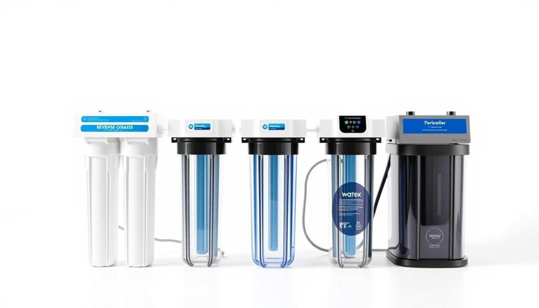 A high-resolution, detailed comparison of top home reverse osmosis systems, displayed on a clean, minimalist white background. The systems should be presented in a visually appealing, organized layout, showcasing their key features and specifications side-by-side. Utilize soft, natural lighting to create a crisp, professional aesthetic. Capture the systems from a slightly elevated angle, highlighting their sleek, modern designs. Convey a sense of authority and expertise, reflecting the technical nature of the subject matter. Ensure the overall composition is balanced, drawing the viewer's eye to the critical details that would help in selecting the optimal reverse osmosis system for a home environment.