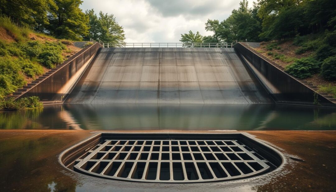 A large concrete basin with sloped sides, surrounded by lush greenery and trees. The basin is filled with clear water, reflecting the cloudy sky above. In the foreground, a metal grate covers the inlet, preventing debris from entering. The basin is designed to temporarily hold stormwater runoff, slowly releasing it over time to prevent flooding. The scene is illuminated by warm, diffused sunlight, creating a serene and tranquil atmosphere. The overall composition emphasizes the functional yet natural integration of the stormwater detention system within the surrounding landscape. A large concrete basin with sloped sides, surrounded by lush greenery and trees. The basin is filled with clear water, reflecting the cloudy sky above. In the foreground, a metal grate covers the inlet, preventing debris from entering. The basin is designed to temporarily hold stormwater runoff, slowly releasing it over time to prevent flooding. The scene is illuminated by warm, diffused sunlight, creating a serene and tranquil atmosphere. The overall composition emphasizes the functional yet natural integration of the stormwater detention system within the surrounding landscape.