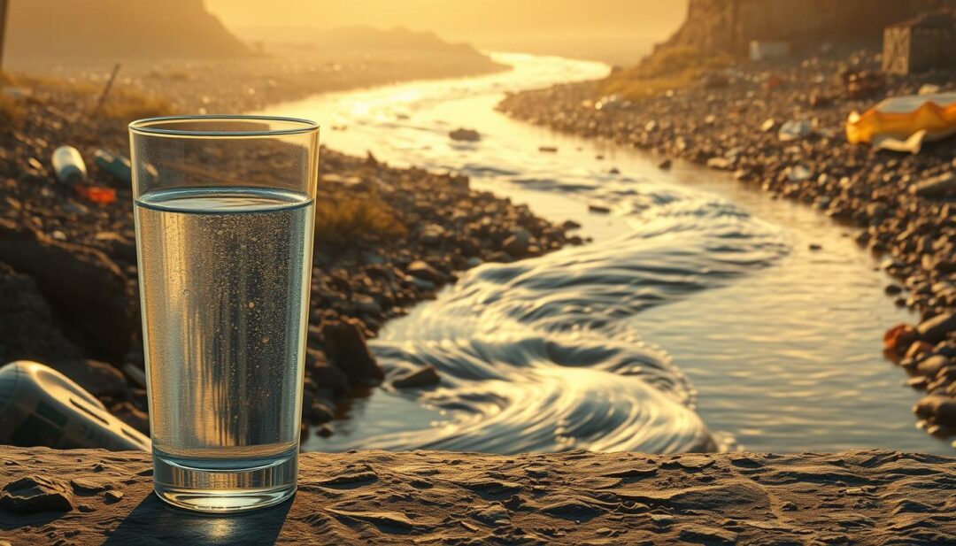 A meticulously detailed digital illustration depicting the environmental impact of water filtration. In the foreground, a clear glass of filtered water stands in contrast to a murky, polluted stream in the middle ground. Flowing through the background, a polluted river winds its way, with discarded plastic bottles and other waste visible along the banks. The scene is bathed in a warm, golden light, creating a sense of unease and concern. The overall composition conveys the delicate balance between the benefits of clean water and the potential environmental consequences of water filtration processes. Subtle textures and realistic rendering capture the gravity of the subject matter. A meticulously detailed digital illustration depicting the environmental impact of water filtration. In the foreground, a clear glass of filtered water stands in contrast to a murky, polluted stream in the middle ground. Flowing through the background, a polluted river winds its way, with discarded plastic bottles and other waste visible along the banks. The scene is bathed in a warm, golden light, creating a sense of unease and concern. The overall composition conveys the delicate balance between the benefits of clean water and the potential environmental consequences of water filtration processes. Subtle textures and realistic rendering capture the gravity of the subject matter.