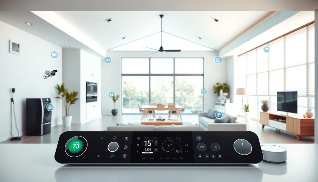 A modern, minimalist smart home interior with a sleek, integrated control panel at the center. In the foreground, a variety of smart home devices such as a thermostat, lighting, security cameras, and a voice assistant device seamlessly connected and communicating with each other. In the middle ground, a spacious open-concept living area with large windows, allowing natural light to flood the space. The background features additional smart home elements like automated blinds, a smart television, and interconnected appliances. The overall scene conveys a sense of harmony, efficiency, and technological sophistication within a comfortable, high-tech domestic environment. A modern, minimalist smart home interior with a sleek, integrated control panel at the center. In the foreground, a variety of smart home devices such as a thermostat, lighting, security cameras, and a voice assistant device seamlessly connected and communicating with each other. In the middle ground, a spacious open-concept living area with large windows, allowing natural light to flood the space. The background features additional smart home elements like automated blinds, a smart television, and interconnected appliances. The overall scene conveys a sense of harmony, efficiency, and technological sophistication within a comfortable, high-tech domestic environment.
