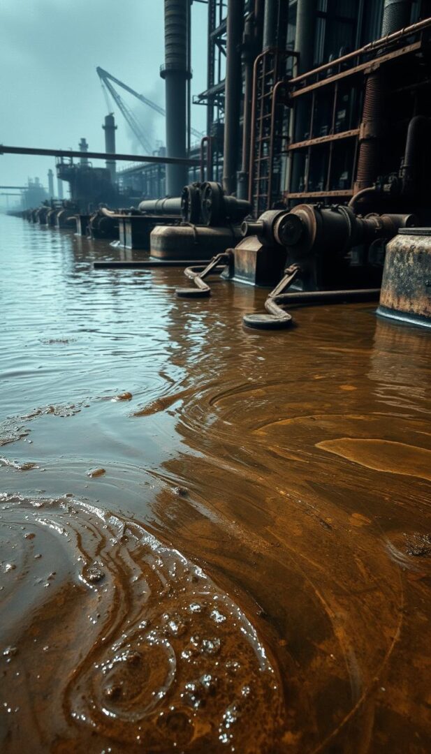 A murky, contaminated body of water, with swirling, discolored currents and wisps of toxic chemicals. In the foreground, a close-up view of the water's surface, showcasing the shimmering, oily sheen and various industrial pollutants. The middle ground features rusted industrial machinery, pipes, and abandoned equipment, suggesting the source of the contamination. The background is hazy and obscured, evoking a sense of industrial decay and environmental degradation. The lighting is dim and ominous, casting long shadows and creating a gloomy, unsettling atmosphere. The scene is captured with a wide-angle lens, emphasizing the scale and scope of the pollution. A murky, contaminated body of water, with swirling, discolored currents and wisps of toxic chemicals. In the foreground, a close-up view of the water's surface, showcasing the shimmering, oily sheen and various industrial pollutants. The middle ground features rusted industrial machinery, pipes, and abandoned equipment, suggesting the source of the contamination. The background is hazy and obscured, evoking a sense of industrial decay and environmental degradation. The lighting is dim and ominous, casting long shadows and creating a gloomy, unsettling atmosphere. The scene is captured with a wide-angle lens, emphasizing the scale and scope of the pollution.