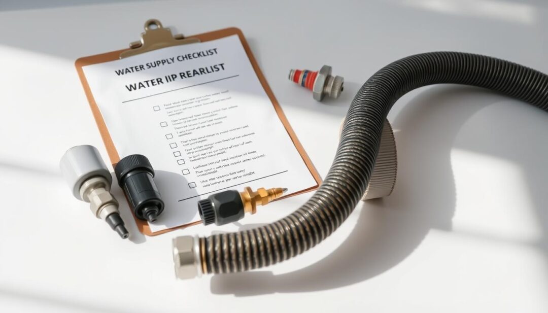 A neatly organized RV water supply checklist, against a clean, well-lit backdrop. The checklist is displayed on a sturdy clipboard, with various RV water hose components such as a water filter, shut-off valve, and water pressure regulator arranged around it. The hose itself is prominently featured, its condition and connection points closely inspected. The lighting is soft and natural, casting gentle shadows that accentuate the details. The overall scene conveys a sense of careful preparation and attention to detail, reflecting the importance of thoroughly examining one's RV water supply before hooking up at a campground. A neatly organized RV water supply checklist, against a clean, well-lit backdrop. The checklist is displayed on a sturdy clipboard, with various RV water hose components such as a water filter, shut-off valve, and water pressure regulator arranged around it. The hose itself is prominently featured, its condition and connection points closely inspected. The lighting is soft and natural, casting gentle shadows that accentuate the details. The overall scene conveys a sense of careful preparation and attention to detail, reflecting the importance of thoroughly examining one's RV water supply before hooking up at a campground.