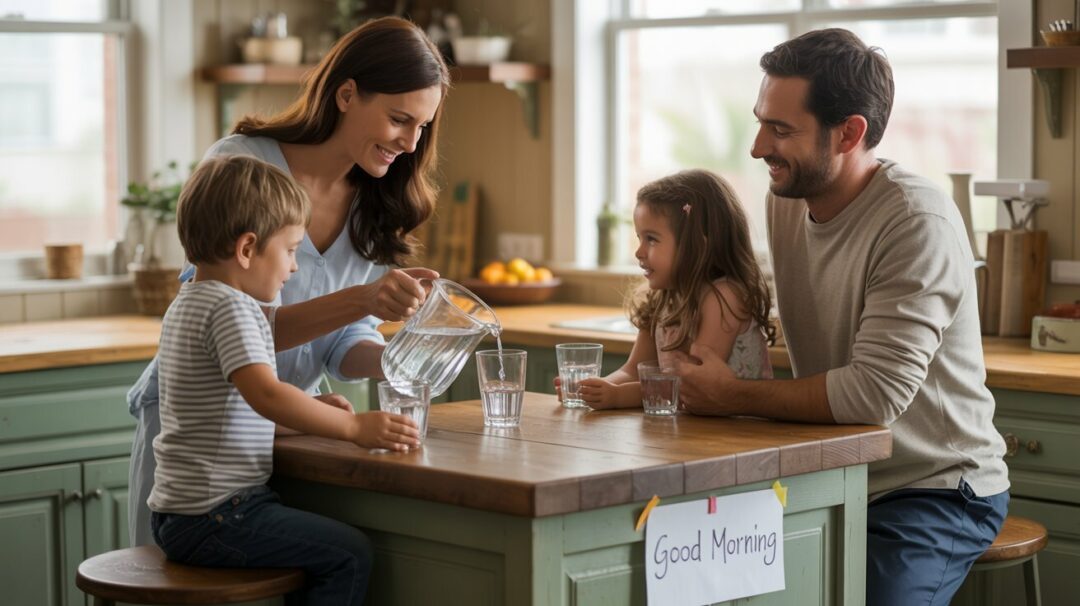 A photograph of a family of four gathered around a rustic wooden kitchen island drinking water. The mother with long brown hair and a kind smile, is pouring water from a glass pitcher into a child’s cup, while the father looks on with a warm expression. Two children, a boy and a girl, are seated on stools, each holding a glass of water, and a handwritten note taped to the island reads "Good Morning". Soft morning light streams in through a nearby window, illuminating the cozy and inviting kitchen. A photograph of a family of four gathered around a rustic wooden kitchen island drinking water. The mother with long brown hair and a kind smile, is pouring water from a glass pitcher into a child’s cup, while the father looks on with a warm expression. Two children, a boy and a girl, are seated on stools, each holding a glass of water, and a handwritten note taped to the island reads "Good Morning". Soft morning light streams in through a nearby window, illuminating the cozy and inviting kitchen.