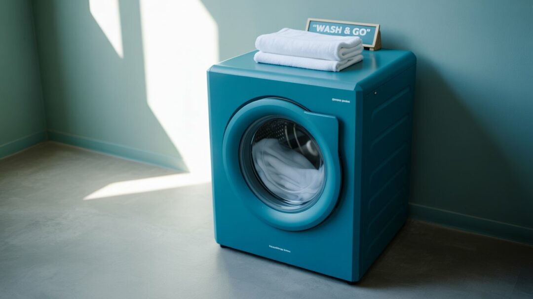 A photograph of a sleek, modern portable washing machine sitting on a light gray concrete floor. The washing machine is a vibrant turquoise color, with a minimalist design featuring a circular window showcasing the rotating drum inside. A single, neatly folded white towel rests on top of the machine, alongside a small sign that reads "“Wash & Go”". Soft, diffused sunlight streams in from a nearby window, highlighting the clean lines of the appliance and creating a calming atmosphere.