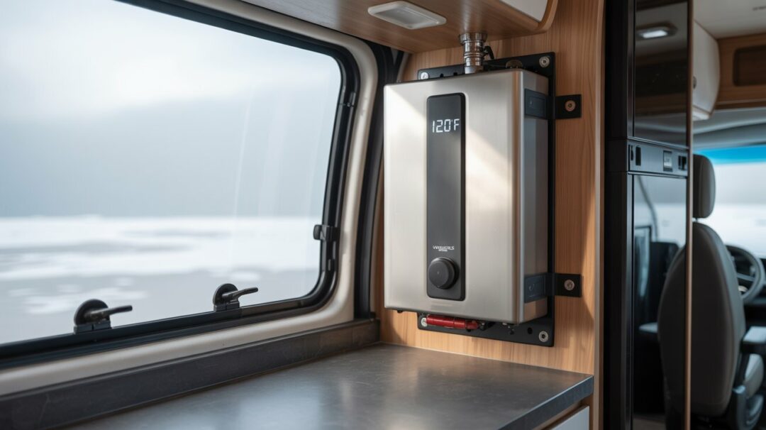 A photograph of a sleek, modern tankless water heater mounted inside a compact recreational vehicle. The unit is stainless steel with a digital display showing the water temperature set to “120°F” and neatly secured to a wooden wall panel with black mounting brackets. Soft, diffused light filters in from a nearby window, highlighting the clean lines of the appliance and the surrounding interior of the RV, which shows a dark grey countertop and a minimal, modern design. The overall scene conveys a sense of efficient, space-saving functionality within a mobile living space. A photograph of a sleek, modern tankless water heater mounted inside a compact recreational vehicle. The unit is stainless steel with a digital display showing the water temperature set to “120°F” and neatly secured to a wooden wall panel with black mounting brackets. Soft, diffused light filters in from a nearby window, highlighting the clean lines of the appliance and the surrounding interior of the RV, which shows a dark grey countertop and a minimal, modern design. The overall scene conveys a sense of efficient, space-saving functionality within a mobile living space.