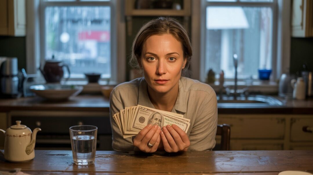 A photograph of a woman sitting at a worn wooden kitchen table, holding a stack of "FIVE HUNDRED DOLLARS" in her hands. She has warm brown eyes and is wearing a simple linen shirt, her hands gently displaying the money with a hint of fatigue. A half-full glass of water sits in front of her, reflecting the soft light filtering in from a window overlooking a rainy street. The kitchen is cozy and dimly lit, with a vintage ceramic teapot and a chipped mug visible on a nearby shelf. A photograph of a woman sitting at a worn wooden kitchen table, holding a stack of "FIVE HUNDRED DOLLARS" in her hands. She has warm brown eyes and is wearing a simple linen shirt, her hands gently displaying the money with a hint of fatigue. A half-full glass of water sits in front of her, reflecting the soft light filtering in from a window overlooking a rainy street. The kitchen is cozy and dimly lit, with a vintage ceramic teapot and a chipped mug visible on a nearby shelf.