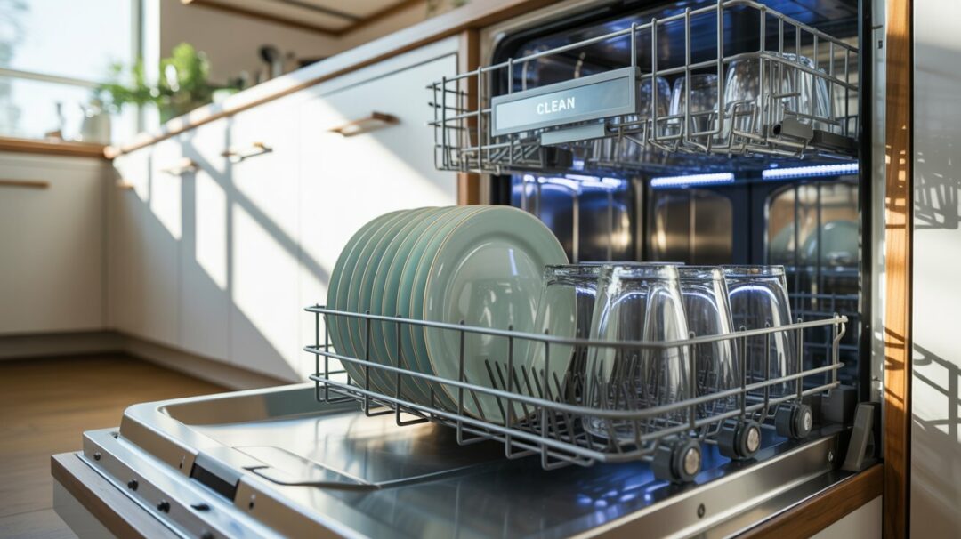 A photograph of the interior of a stainless steel dishwasher in a modern, bright kitchen. The dishwasher racks are partially loaded with neatly stacked ceramic plates and sparkling glassware, reflecting the ambient light. "CLEAN" is subtly displayed on the digital control panel, illuminated with a soft blue glow. Sunlight streams through a nearby window, creating gentle highlights on the stainless steel and illuminating the clean, organized interior. A photograph of the interior of a stainless steel dishwasher in a modern, bright kitchen. The dishwasher racks are partially loaded with neatly stacked ceramic plates and sparkling glassware, reflecting the ambient light. "CLEAN" is subtly displayed on the digital control panel, illuminated with a soft blue glow. Sunlight streams through a nearby window, creating gentle highlights on the stainless steel and illuminating the clean, organized interior.