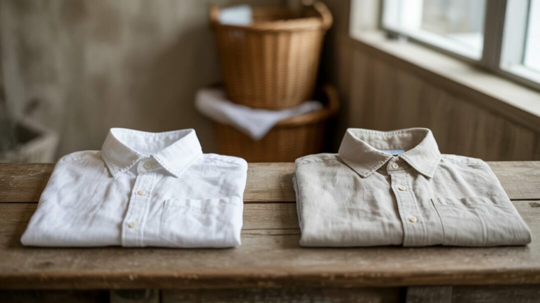 A photograph showcasing a side-by-side comparison of a simple white linen shirt, one pristine and the other noticeably faded. The faded shirt displays patches of discoloration and a slightly rough texture, a consequence of prolonged exposure to hard water, while the other shirt maintains a bright, clean white. Both shirts are neatly folded on a weathered wooden table, with soft natural light streaming in from a nearby window. The background is a blurred view of a rustic laundry room with stacked baskets and neutral toned walls. A photograph showcasing a side-by-side comparison of a simple white linen shirt, one pristine and the other noticeably faded. The faded shirt displays patches of discoloration and a slightly rough texture, a consequence of prolonged exposure to hard water, while the other shirt maintains a bright, clean white. Both shirts are neatly folded on a weathered wooden table, with soft natural light streaming in from a nearby window. The background is a blurred view of a rustic laundry room with stacked baskets and neutral toned walls.