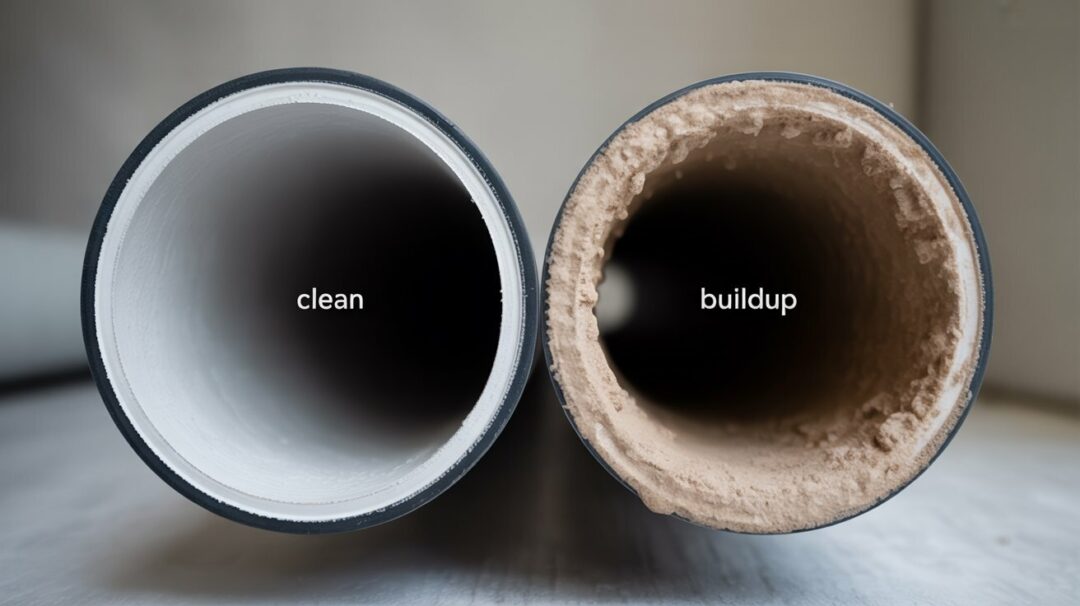 A photograph showcasing a side-by-side comparison of the interior of two PVC pipes. The first pipe shows a pristine white interior, perfectly smooth and clean, while the second pipe’s interior is coated with a thick layer of beige mineral buildup, showcasing a stark contrast. Both pipes are cut in half lengthwise and displayed against a neutral gray background, allowing the buildup to be the primary focus. Soft, diffused lighting illuminates the pipes, highlighting the textures and emphasizing the difference between the clean and contaminated surfaces with the words "Clean" and "Buildup" subtly etched on the exterior of each pipe. A photograph showcasing a side-by-side comparison of the interior of two PVC pipes. The first pipe shows a pristine white interior, perfectly smooth and clean, while the second pipe’s interior is coated with a thick layer of beige mineral buildup, showcasing a stark contrast. Both pipes are cut in half lengthwise and displayed against a neutral gray background, allowing the buildup to be the primary focus. Soft, diffused lighting illuminates the pipes, highlighting the textures and emphasizing the difference between the clean and contaminated surfaces with the words "Clean" and "Buildup" subtly etched on the exterior of each pipe.