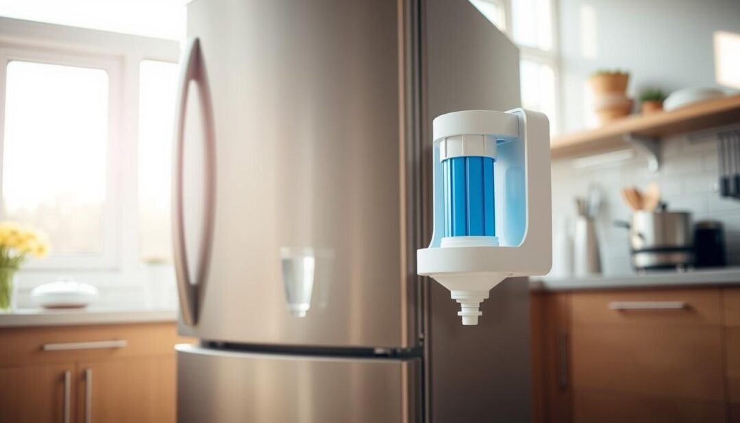 A pristine kitchen interior, with sunlight streaming through large windows. In the foreground, a modern refrigerator stands prominently, its sleek exterior gleaming. A close-up view reveals the refrigerator's water filter compartment, gently opened to expose the filter cartridge. The filter appears clean and fresh, with a clear blue hue, symbolizing the purity of the water it provides. In the middle ground, a glass of crystal-clear water sits on the kitchen counter, highlighting the quality of the filtered water. The background features carefully arranged kitchen appliances and utensils, creating a sense of a well-organized, functional space. The overall mood is one of cleanliness, efficiency, and the importance of maintaining a healthy, well-functioning refrigerator. A pristine kitchen interior, with sunlight streaming through large windows. In the foreground, a modern refrigerator stands prominently, its sleek exterior gleaming. A close-up view reveals the refrigerator's water filter compartment, gently opened to expose the filter cartridge. The filter appears clean and fresh, with a clear blue hue, symbolizing the purity of the water it provides. In the middle ground, a glass of crystal-clear water sits on the kitchen counter, highlighting the quality of the filtered water. The background features carefully arranged kitchen appliances and utensils, creating a sense of a well-organized, functional space. The overall mood is one of cleanliness, efficiency, and the importance of maintaining a healthy, well-functioning refrigerator.