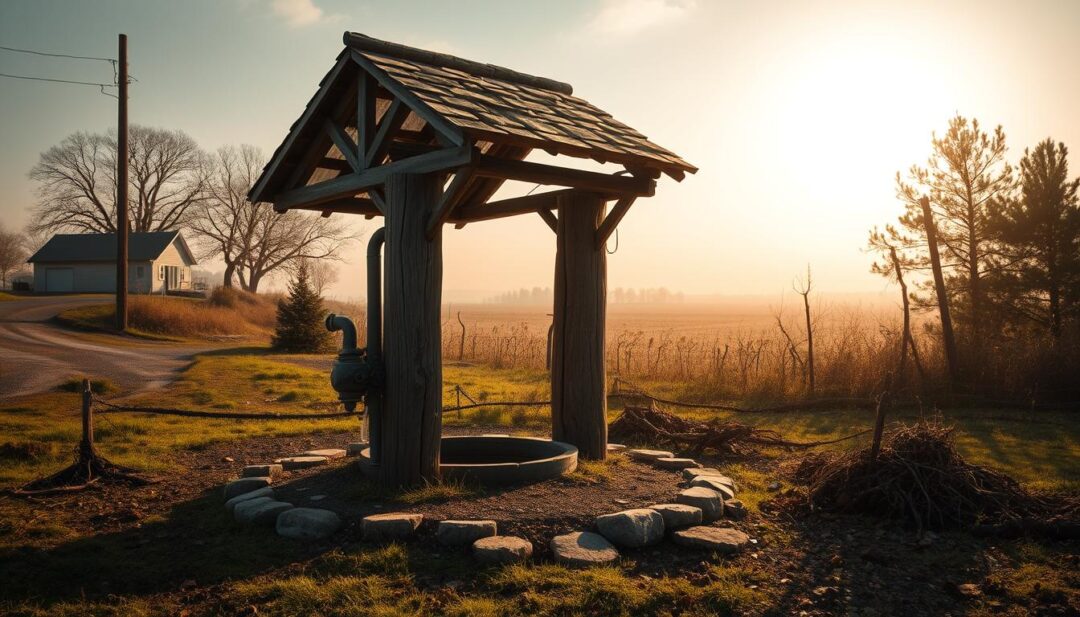 A rustic well surrounded by a mosaic of potential contamination sources - a runoff-laden driveway, an overgrown septic system, and leaching fertilizers from a nearby field. The scene is bathed in a hazy, late-afternoon light, casting long shadows that hint at the unseen perils lurking beneath the surface. The well's weathered wooden frame stands as a silent sentinel, belying the invisible threats that may be seeping into the vital groundwater below. A sense of unease permeates the frame, urging the viewer to investigate further the hidden dangers that threaten the integrity of this rural water source.