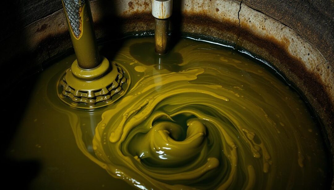 A septic tank filled with a viscous, murky mixture of cooking oils and grease. The foreground shows the tank's interior, with thick, sludgy liquids swirling and pooling at the bottom, partially obscuring the baffles and inlet pipe. The middle ground depicts the tank's concrete walls, partially cracked and discolored, while the background suggests the surrounding soil and environment. The lighting is dim and moody, with subtle shadows cast across the scene, emphasizing the unhygienic and problematic nature of this situation. The overall atmosphere conveys a sense of clogged, stagnant waste, highlighting the dangers of improper disposal of cooking oils and grease in septic systems. A septic tank filled with a viscous, murky mixture of cooking oils and grease. The foreground shows the tank's interior, with thick, sludgy liquids swirling and pooling at the bottom, partially obscuring the baffles and inlet pipe. The middle ground depicts the tank's concrete walls, partially cracked and discolored, while the background suggests the surrounding soil and environment. The lighting is dim and moody, with subtle shadows cast across the scene, emphasizing the unhygienic and problematic nature of this situation. The overall atmosphere conveys a sense of clogged, stagnant waste, highlighting the dangers of improper disposal of cooking oils and grease in septic systems.