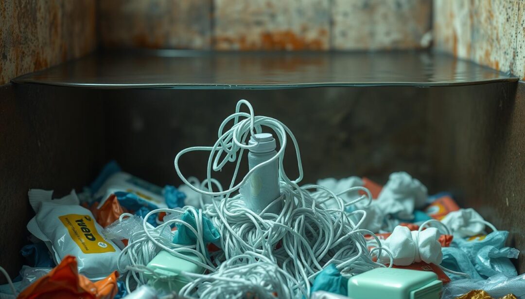 A septic tank filled with an assortment of "flushable" wipes, their wet and tangled forms clogging the system. The wipes, displayed in the foreground, are rendered in high detail, their textures and colors realistically captured. In the middle ground, the septic tank itself is shown, its murky waters and sludge-covered walls hinting at the havoc these wipes have wreaked. The background fades into a muted, earthy tone, emphasizing the disconnect between the marketing claims of these products and their true impact on home sewage systems. The overall scene conveys a sense of frustration and environmental harm, highlighting the misconception that these wipes are truly flushable. A septic tank filled with an assortment of "flushable" wipes, their wet and tangled forms clogging the system. The wipes, displayed in the foreground, are rendered in high detail, their textures and colors realistically captured. In the middle ground, the septic tank itself is shown, its murky waters and sludge-covered walls hinting at the havoc these wipes have wreaked. The background fades into a muted, earthy tone, emphasizing the disconnect between the marketing claims of these products and their true impact on home sewage systems. The overall scene conveys a sense of frustration and environmental harm, highlighting the misconception that these wipes are truly flushable.