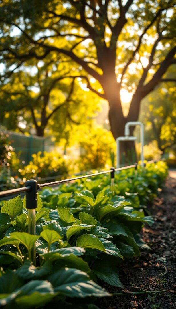A serene, sun-dappled garden scene showcasing sustainable water practices. In the foreground, a lush, thriving vegetable patch irrigated by a sophisticated drip system, water droplets glistening on the leaves. In the middle ground, a charming rainwater harvesting system, its sleek modern design blending seamlessly with the natural surroundings. Towering shade trees in the background, their canopies filtering the warm light, creating a tranquil, contemplative atmosphere. The overall composition conveys a sense of harmony between nature, technology, and responsible water stewardship. A serene, sun-dappled garden scene showcasing sustainable water practices. In the foreground, a lush, thriving vegetable patch irrigated by a sophisticated drip system, water droplets glistening on the leaves. In the middle ground, a charming rainwater harvesting system, its sleek modern design blending seamlessly with the natural surroundings. Towering shade trees in the background, their canopies filtering the warm light, creating a tranquil, contemplative atmosphere. The overall composition conveys a sense of harmony between nature, technology, and responsible water stewardship.