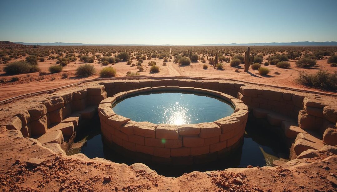 A sun-drenched desert landscape, with a traditional rainwater harvesting system in the foreground. In the center, a large, rugged cistern collects precious rainwater, its surface glistening under the warm sunlight. Surrounding the cistern, a series of earthen berms and channels guide the precious droplets into the storage tank. In the background, a sprawling expanse of arid terrain, dotted with hardy desert shrubs and cacti, stretches towards the horizon. The image conveys a sense of resourcefulness and resilience, highlighting the ingenious methods used to harness even the most scarce water resources in harsh desert environments. A sun-drenched desert landscape, with a traditional rainwater harvesting system in the foreground. In the center, a large, rugged cistern collects precious rainwater, its surface glistening under the warm sunlight. Surrounding the cistern, a series of earthen berms and channels guide the precious droplets into the storage tank. In the background, a sprawling expanse of arid terrain, dotted with hardy desert shrubs and cacti, stretches towards the horizon. The image conveys a sense of resourcefulness and resilience, highlighting the ingenious methods used to harness even the most scarce water resources in harsh desert environments.
