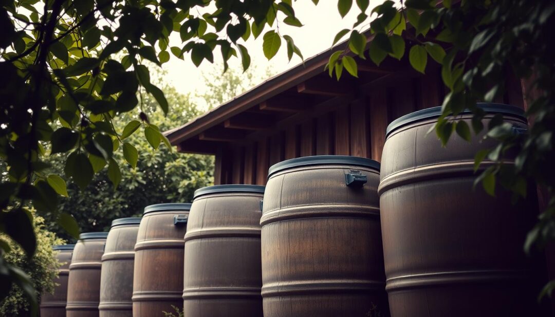A tranquil outdoor scene featuring a row of large, weathered rain barrels in the foreground, positioned beneath the eaves of a rustic wooden shed. The barrels are in various shades of natural brown and gray, capturing the earthy tones of the surrounding environment. Lush, verdant foliage frames the scene, with a few stray leaves gently falling in the light breeze. Soft, diffused natural lighting filters through the clouds, creating a calming, atmospheric ambiance. The composition emphasizes the simplicity and practicality of this effective rainwater harvesting method, inviting the viewer to imagine the sustainable benefits of utilizing these rain barrels. A tranquil outdoor scene featuring a row of large, weathered rain barrels in the foreground, positioned beneath the eaves of a rustic wooden shed. The barrels are in various shades of natural brown and gray, capturing the earthy tones of the surrounding environment. Lush, verdant foliage frames the scene, with a few stray leaves gently falling in the light breeze. Soft, diffused natural lighting filters through the clouds, creating a calming, atmospheric ambiance. The composition emphasizes the simplicity and practicality of this effective rainwater harvesting method, inviting the viewer to imagine the sustainable benefits of utilizing these rain barrels.