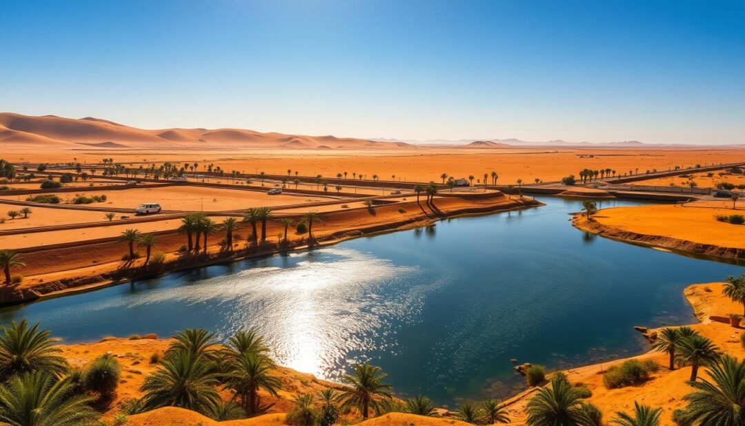 A vast desert landscape, with a shimmering oasis in the foreground. In the middle ground, a network of channels and aqueducts carry precious water, meticulously engineered to conserve and distribute this scarce resource. Lush palm trees and thriving vegetation suggest the effective implementation of water management techniques. The sky is a deep, cloudless blue, with the warm rays of the sun casting dramatic shadows and highlights across the scene. The overall mood is one of harmony and efficiency, where human ingenuity has found a way to thrive in the harshest of environments. A vast desert landscape, with a shimmering oasis in the foreground. In the middle ground, a network of channels and aqueducts carry precious water, meticulously engineered to conserve and distribute this scarce resource. Lush palm trees and thriving vegetation suggest the effective implementation of water management techniques. The sky is a deep, cloudless blue, with the warm rays of the sun casting dramatic shadows and highlights across the scene. The overall mood is one of harmony and efficiency, where human ingenuity has found a way to thrive in the harshest of environments.