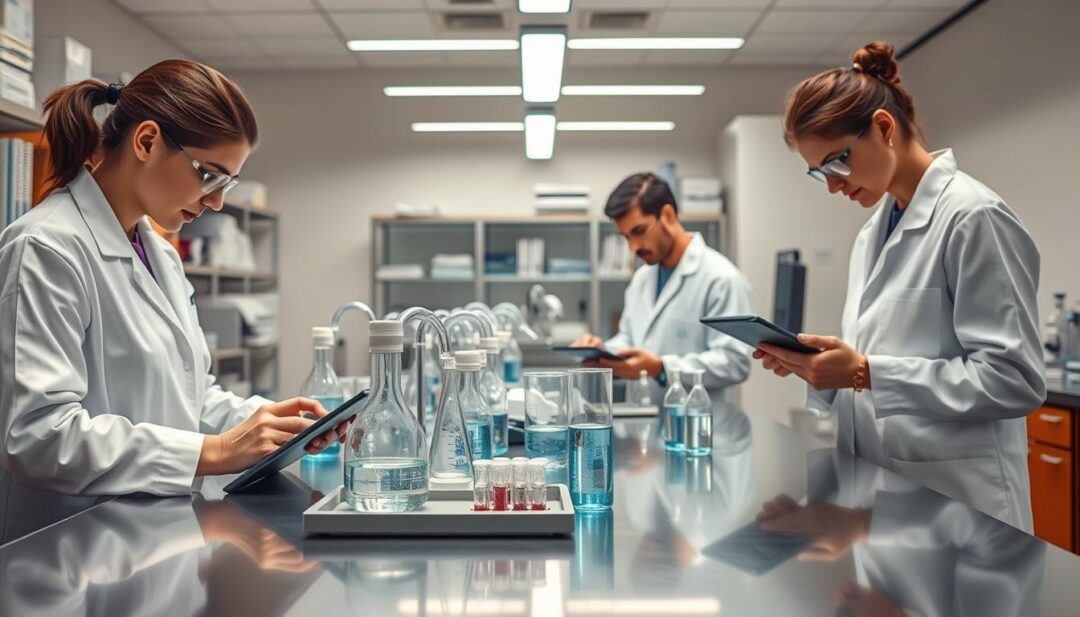 A well-equipped laboratory with state-of-the-art water testing instruments. Beakers, pipettes, and test tubes filled with water samples sit on a sleek stainless steel counter. Technicians in white lab coats carefully examine the samples, meticulously recording data on digital tablets. Soft, diffused lighting from overhead fixtures creates a serene, professional atmosphere. The background features shelves filled with reference materials and scientific equipment, conveying the thoroughness of the investigation process. A sense of diligence and expertise permeates the scene, instilling confidence in the reliability of the water testing results.