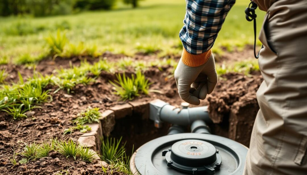 A well-lit, detailed scene depicting proper septic tank maintenance. In the foreground, a person in protective gear (gloves, overalls) is examining the septic system's access ports. The middle ground shows the septic tank, with its concrete structure and inlets/outlets clearly visible. In the background, lush green grass and trees create a natural, rural setting. The lighting is soft and even, casting a warm glow on the scene. The angle is slightly elevated, providing a comprehensive view of the septic system and the maintenance process. The overall mood is one of diligence and environmental responsibility. A well-lit, detailed scene depicting proper septic tank maintenance. In the foreground, a person in protective gear (gloves, overalls) is examining the septic system's access ports. The middle ground shows the septic tank, with its concrete structure and inlets/outlets clearly visible. In the background, lush green grass and trees create a natural, rural setting. The lighting is soft and even, casting a warm glow on the scene. The angle is slightly elevated, providing a comprehensive view of the septic system and the maintenance process. The overall mood is one of diligence and environmental responsibility.