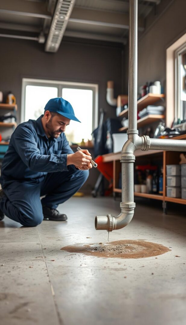 A well-lit workshop interior, with a plumber kneeling beside an open section of water pipe. The plumber is wearing a blue jumpsuit and is using a wrench to tighten a joint, focused on the task at hand. In the background, tools and supplies are neatly organized on shelves, and a window provides natural light. The scene conveys a sense of expertise and attention to detail as the plumber works to locate and repair a water system leak. A well-lit workshop interior, with a plumber kneeling beside an open section of water pipe. The plumber is wearing a blue jumpsuit and is using a wrench to tighten a joint, focused on the task at hand. In the background, tools and supplies are neatly organized on shelves, and a window provides natural light. The scene conveys a sense of expertise and attention to detail as the plumber works to locate and repair a water system leak.