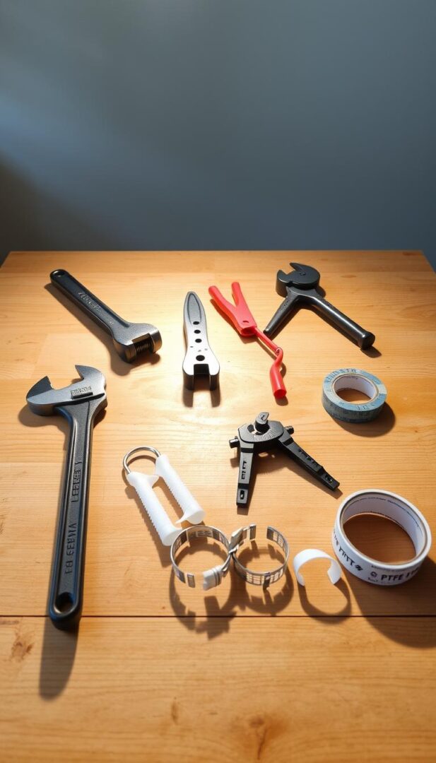A well-lit workshop table showcasing an assortment of DIY water system repair tools, including a plumber's wrench, basin wrench, tube cutter, PEX crimper, hose clamps, and PTFE tape. The tools are arranged neatly, casting long shadows on the wooden surface, with a clean, minimalist background that emphasizes their practical purpose. The scene conveys a sense of organization and professionalism, inviting the viewer to envision the effective repair of a home water system. A well-lit workshop table showcasing an assortment of DIY water system repair tools, including a plumber's wrench, basin wrench, tube cutter, PEX crimper, hose clamps, and PTFE tape. The tools are arranged neatly, casting long shadows on the wooden surface, with a clean, minimalist background that emphasizes their practical purpose. The scene conveys a sense of organization and professionalism, inviting the viewer to envision the effective repair of a home water system.