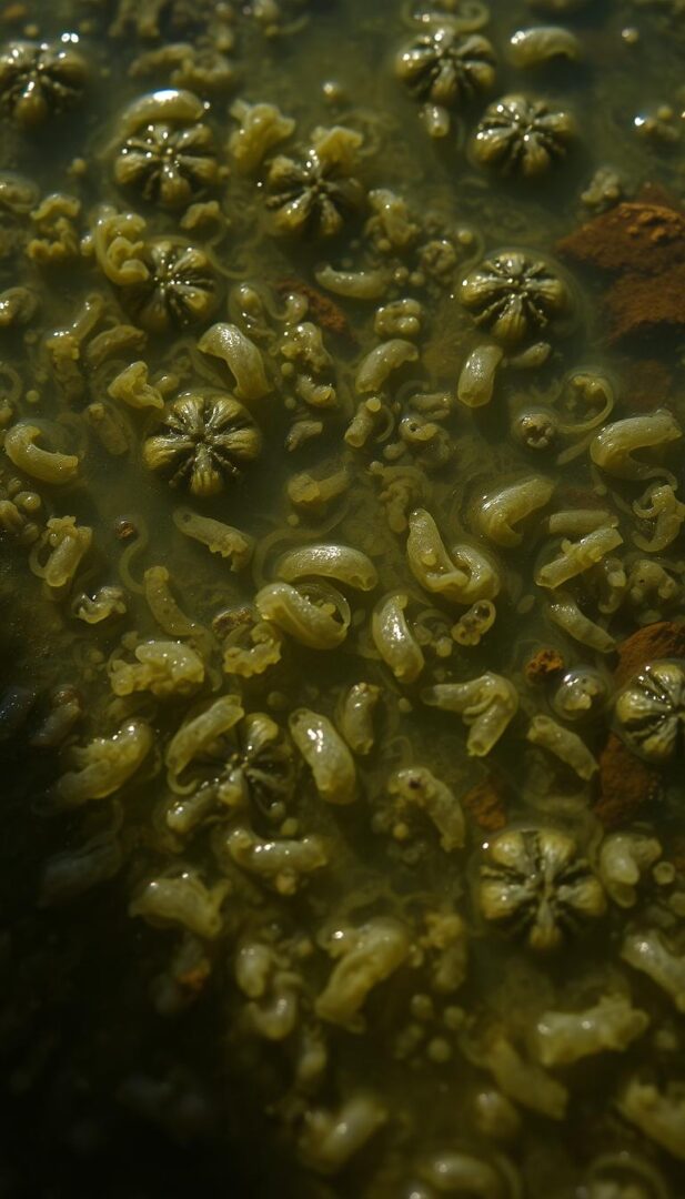Bacterial growth in a murky, stagnant pool of water. Close-up view of the surface, revealing a dense network of swirling, translucent bacterial colonies. Shades of green, brown, and gray dominate the scene, with an eerie, unsettling atmosphere. Backlit by a soft, diffused light, casting long shadows and highlighting the textural details of the microbial matter. The water appears still, yet the bacteria seem to be constantly in motion, creating a sense of subtle, unsettling movement. A macroscopic perspective, emphasizing the intricate, almost alien-like patterns of the bacterial growth. Bacterial growth in a murky, stagnant pool of water. Close-up view of the surface, revealing a dense network of swirling, translucent bacterial colonies. Shades of green, brown, and gray dominate the scene, with an eerie, unsettling atmosphere. Backlit by a soft, diffused light, casting long shadows and highlighting the textural details of the microbial matter. The water appears still, yet the bacteria seem to be constantly in motion, creating a sense of subtle, unsettling movement. A macroscopic perspective, emphasizing the intricate, almost alien-like patterns of the bacterial growth.
