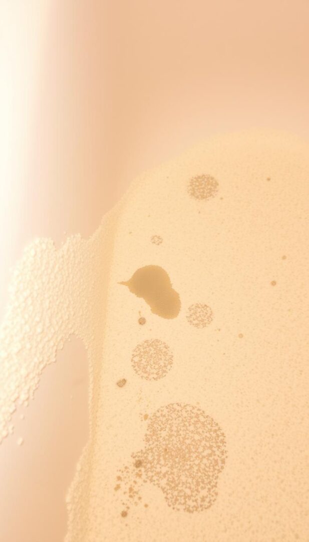 Detailed close-up of soapy white residue and mineral deposits coating the surface of a bathtub, seen under warm, diffused lighting. Hard water stains and limescale patches cling to the tub's interior, creating a patchy, discolored appearance. The texture is rough and uneven, with a grainy, almost crystalline quality. Hints of grime and dirt are visible in the crevices and corners, contributing to an overall sense of neglect and disrepair. The image conveys a sense of frustration and the need for thorough cleaning to restore the tub's former cleanliness.