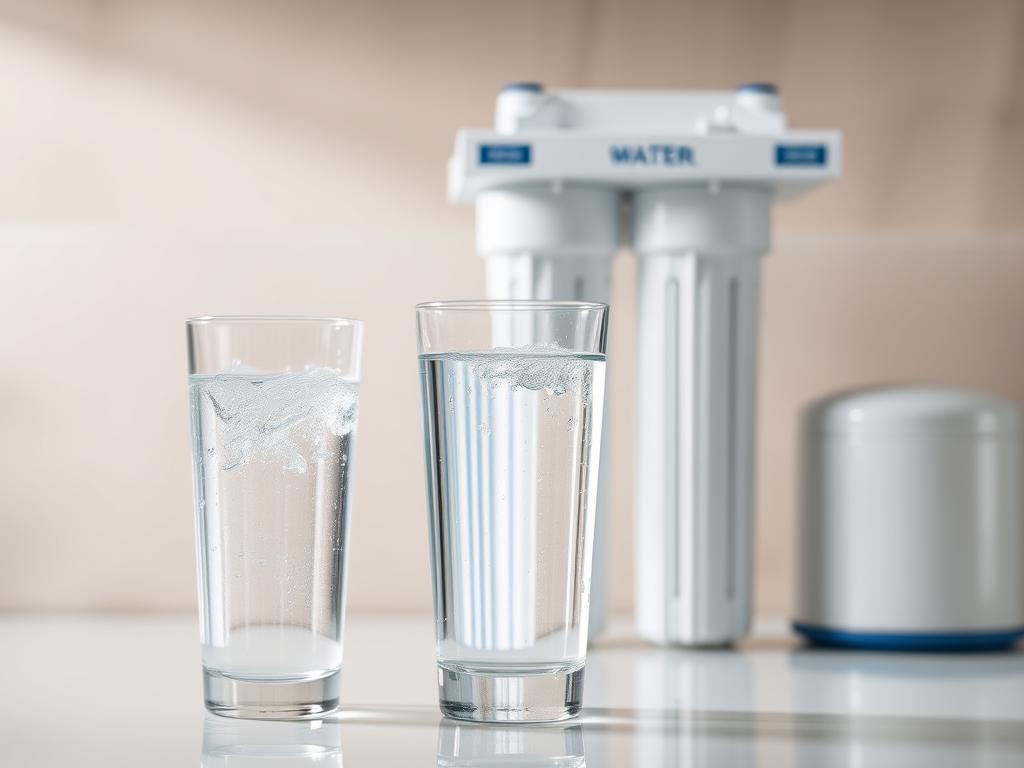 Glass of clean filtered water next to a whole-house water filtration system Glass of clean filtered water next to a whole-house water filtration system
