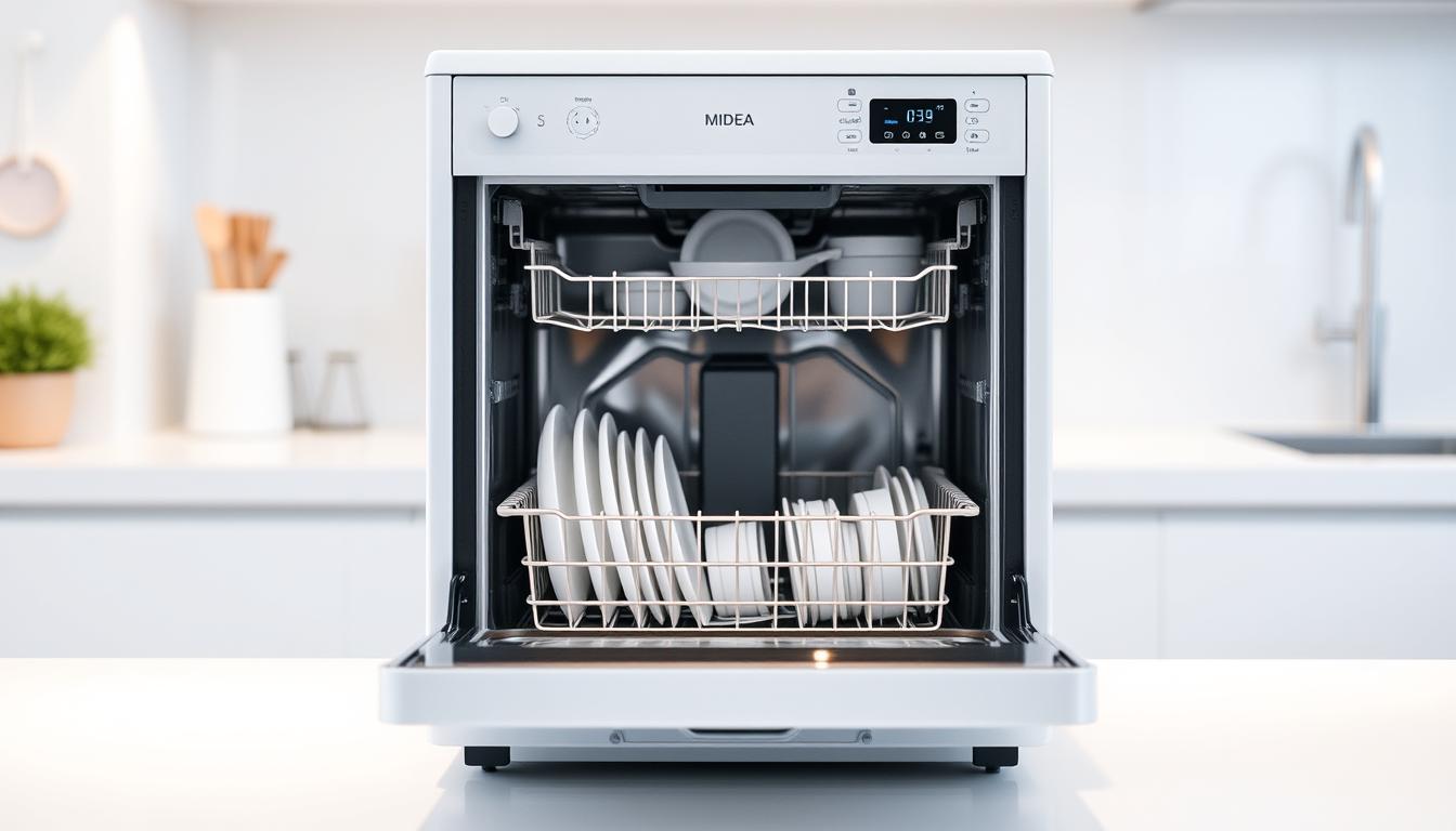 Midea MDC17P2DWW Countertop Dishwasher front view showing control panel and transparent door