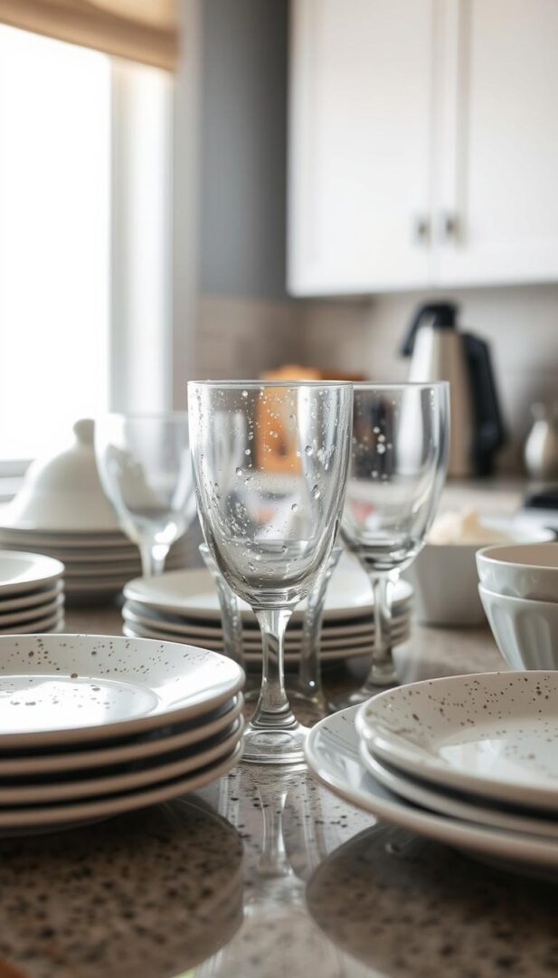 Spotty dishes and glassware on a kitchen counter, illuminated by soft, diffused natural light from a nearby window. The surfaces are covered in visible mineral deposits, creating a mottled, uneven appearance. The glassware has a hazy, cloudy finish, contrasting sharply with the clarity of clean, well-maintained pieces. A sense of neglect and the need for a water softener system permeates the scene, emphasizing the problem at hand. The composition draws the viewer's attention to the problem areas, using shallow depth of field to focus on the affected items. An overall sense of dullness and lack of shine underscores the need for a solution to the hard water issue.