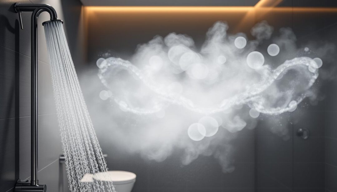 Steam rising from shower with visualization of reduced chlorine vapors Steam rising from shower with visualization of reduced chlorine vapors