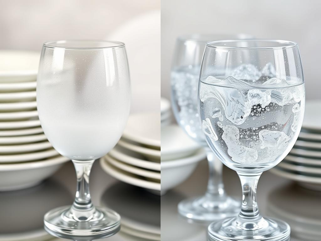Water softener preventing spotty dishes and glassware with comparison of clean vs spotted glasses Water softener preventing spotty dishes and glassware with comparison of clean vs spotted glasses