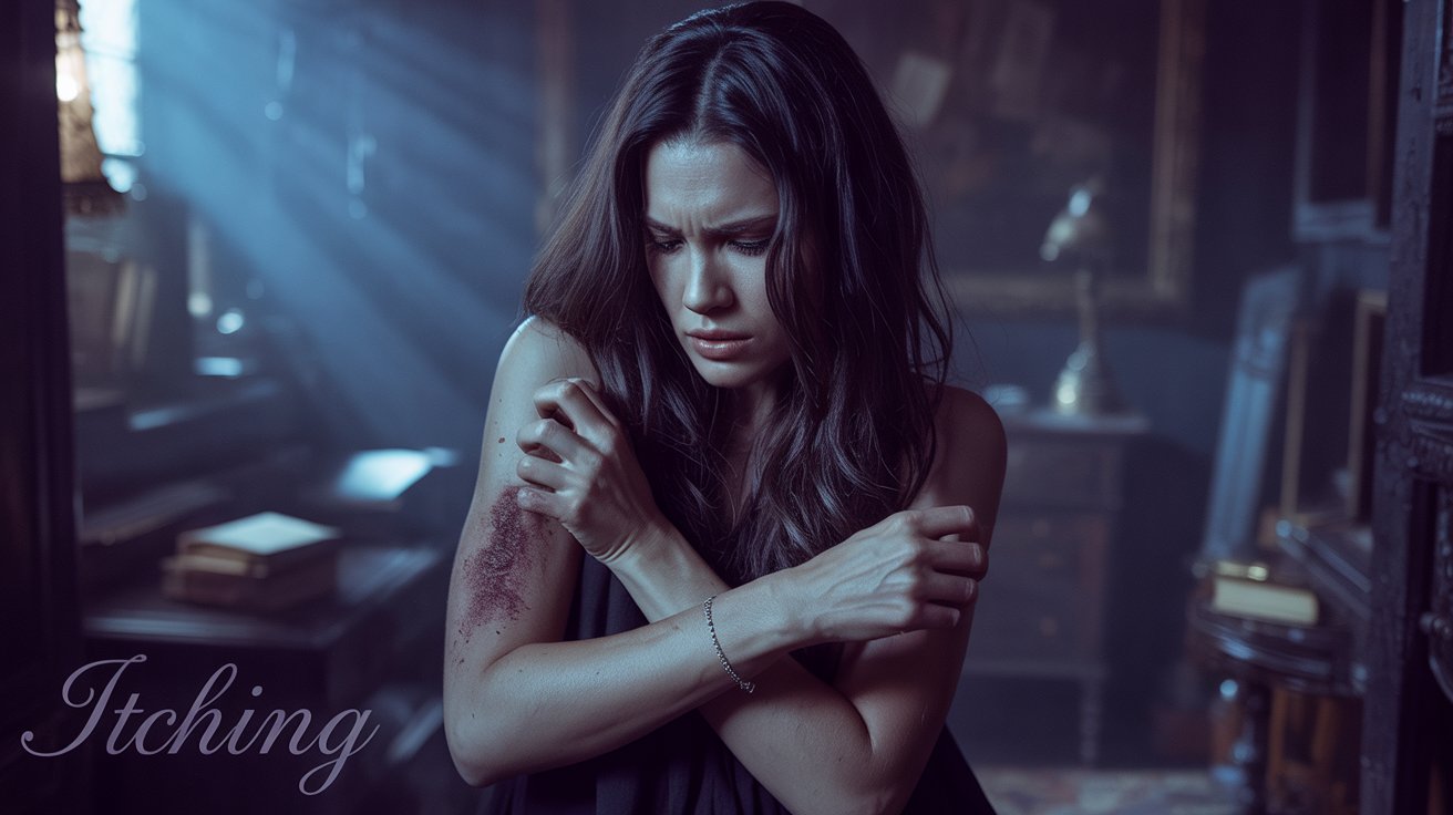 A darkly lit, dramatic portrait photograph captures a woman with long, raven hair, intensely scratching her arm with a pained expression. Her face, partially obscured by shadow, reveals a determined yet vulnerable gaze directed slightly downwards, highlighting a delicate silver bracelet on her wrist. The background is a blurred tapestry of deep blues and purples, subtly hinting at a Victorian-era study filled with antique books and ornate furniture, illuminated by a single shaft of light filtering through a nearby window. "Itching" is inscribed in elegant script across the bottom of the image, subtly fading into the shadows.