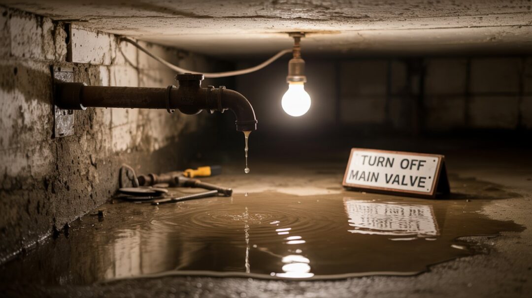 A photograph depicting a dramatic scene of leaking plumbing in a dimly lit basement. A rusted pipe drips steadily onto a collection of scattered tools and a puddle of murky water spreading across the concrete floor. The water reflects the faint light from a single bare bulb hanging overhead, creating an unsettling atmosphere. In the corner of the frame, a handwritten sign reads "“TURN OFF MAIN VALVE”".