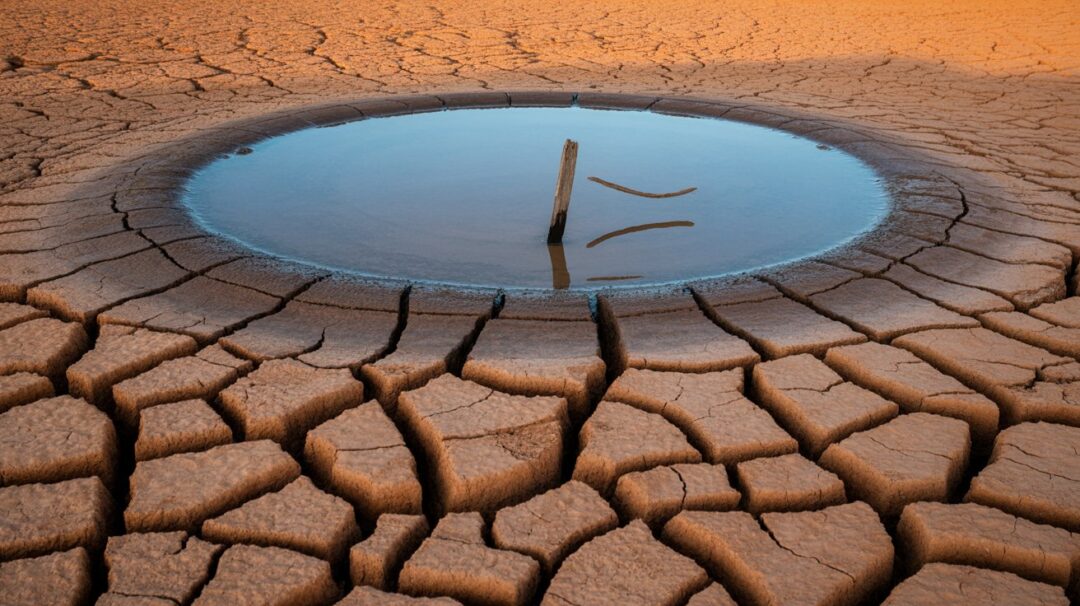 A photograph of a cracked earth landscape under a relentlessly harsh sun, with a small, circular pool of water at its center. The parched ground displays deep fissures radiating outwards, showcasing layers of terracotta and ochre clay, while the pool's surface perfectly reflects a cloudless, azure sky. A lone, weathered wooden post stands silhouetted on the pool’s edge, inscribed with the faint words "“Water Rationing Zone”". The scene is bathed in a dry, golden light, emphasizing the desolation and conveying a sense of profound drought.