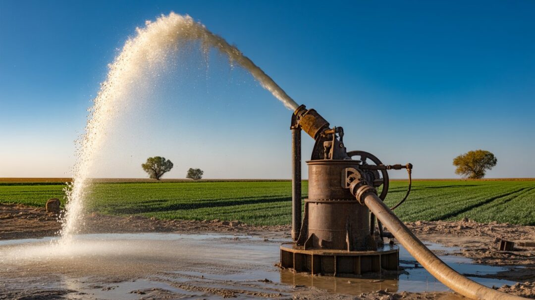 A photograph of a large, industrial water pump dramatically positioned on a patch of wet, muddy farmland. The pump, constructed from weathered steel and bronze, forcefully releases a powerful jet of water that arcs high into the bright blue sky, scattering droplets across the foreground. Surrounding the pump, rich green rows of wheat stretch towards the horizon, while a few hardy desert trees stand sentinel in the background. Golden sunlight illuminates the scene, emphasizing the innovative technology used to irrigate the land and bring life to the arid environment.