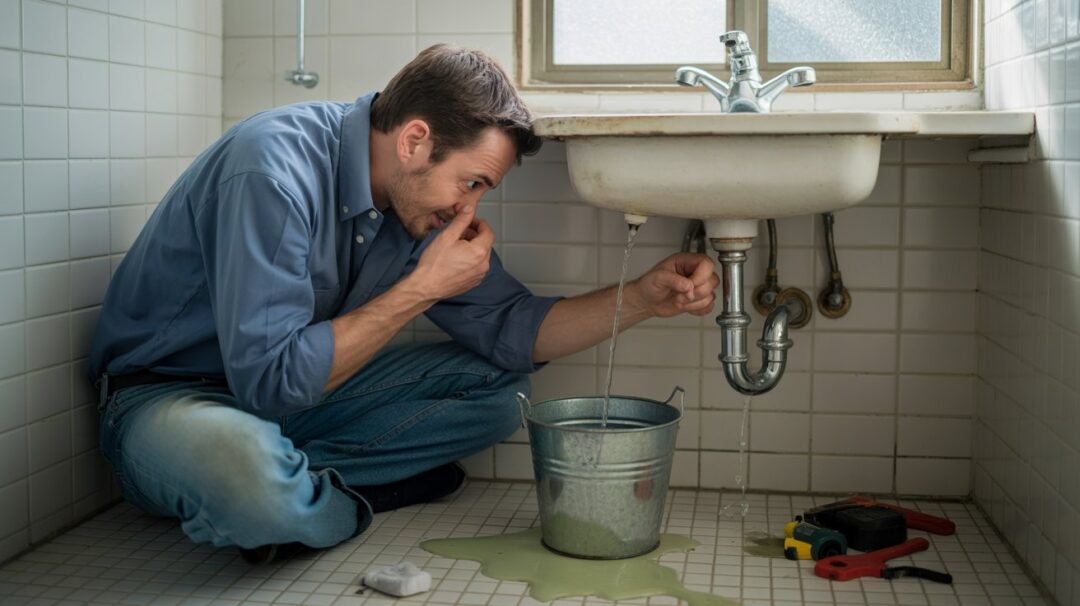 A man in his 30s inside a home bathroom, crouched under a sink repairing a leaking pipe. He’s holding a wrench in one hand while pinching his nose with the other, clearly reacting to a strong smell. Water is dripping into a small bucket, and cleaning supplies are scattered nearby. His face shows a mix of focus and disgust, with subtle greenish odor lines rising from the drain