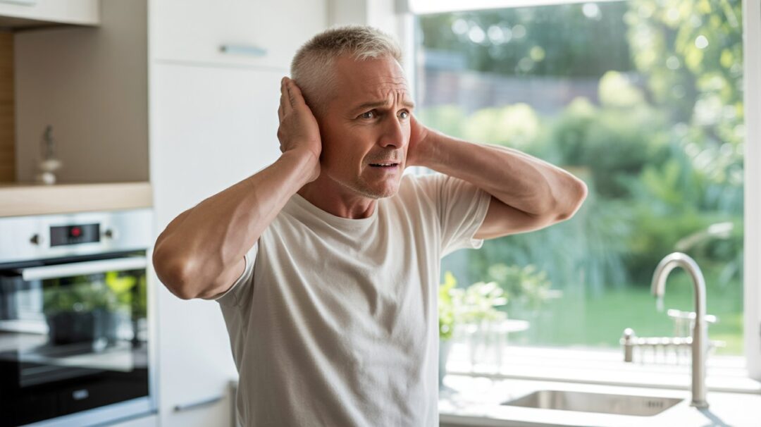 A photograph of a middle-aged man in a modern kitchen, visibly distressed and covering his ears with his hands. He has short-cropped grey hair and is wearing a simple white t-shirt, with a look of profound confusion on his face as he gazes towards an unseen source of sound. The kitchen is brightly lit, featuring stainless steel appliances and minimalist cabinetry, with a large window overlooking a lush green garden outside. Soft, diffused sunlight streams through the window, highlighting the man's expression of surprise.