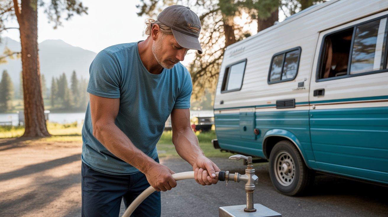 A photograph of a middle-aged man meticulously connecting a long white RV hose to a silver water spigot at a rustic camping ground. He is wearing a worn baseball cap and a faded blue t-shirt, with a focused expression on his face as he tightens the connection. The RV itself is a vintage model with a turquoise exterior and chrome accents, parked on a gravel lot near a backdrop of towering pine trees and a distant mountain range. Soft morning light filters through the trees, creating long shadows and a tranquil atmosphere.