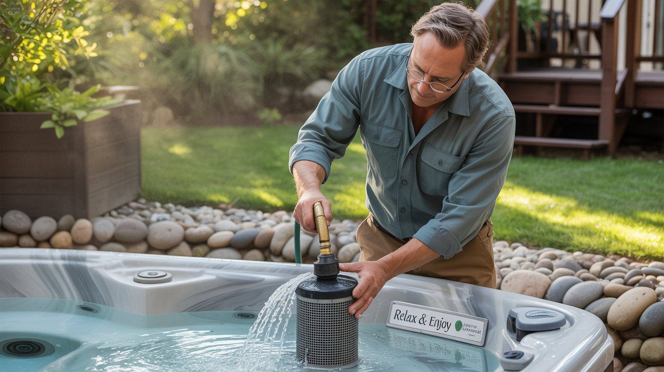 A photograph of a middle-aged man meticulously cleaning a hot tub filter in a backyard setting. He is wearing a faded blue work shirt and khaki pants, focused intently as he rinses the filter with a garden hose. The hot tub itself is surrounded by smooth river stones and lush green landscaping, with a glimpse of a wooden deck in the background. Soft sunlight filters through the trees, creating dappled shadows across the scene, with a sign near the hot tub that reads "Relax & Enjoy".