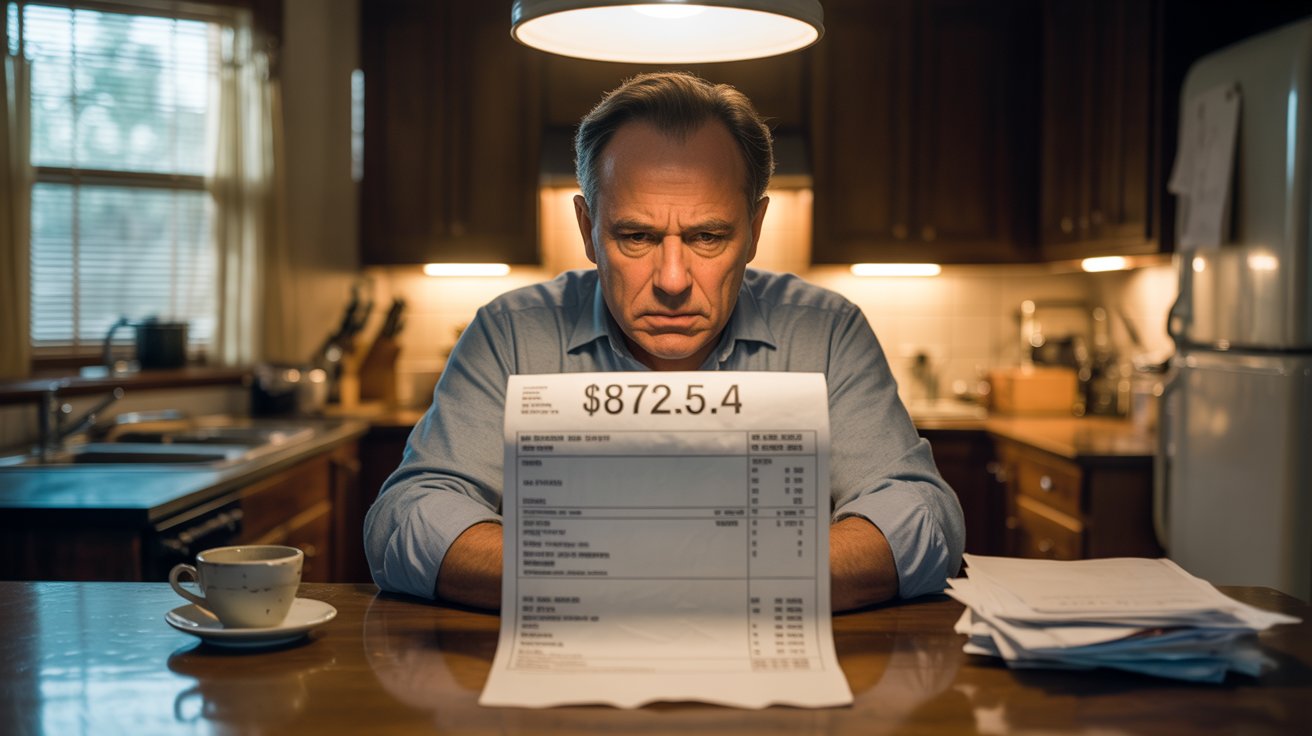 A photograph of a middle-aged man with a weary expression, seated at his kitchen table. He stares intently at a large water bill resting on the table, the bill reading “$872.54” in bold letters. The kitchen is dimly lit, with a single overhead light illuminating the table, casting long shadows across the room and highlighting the man's furrowed brow. A half-empty coffee cup and a stack of unopened mail sit beside the bill, suggesting a sense of quiet desperation and financial strain.